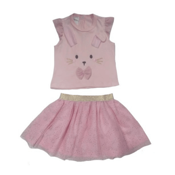 Rabbit Embroidered Shirt With Glittered Mesh Skirt For Girls